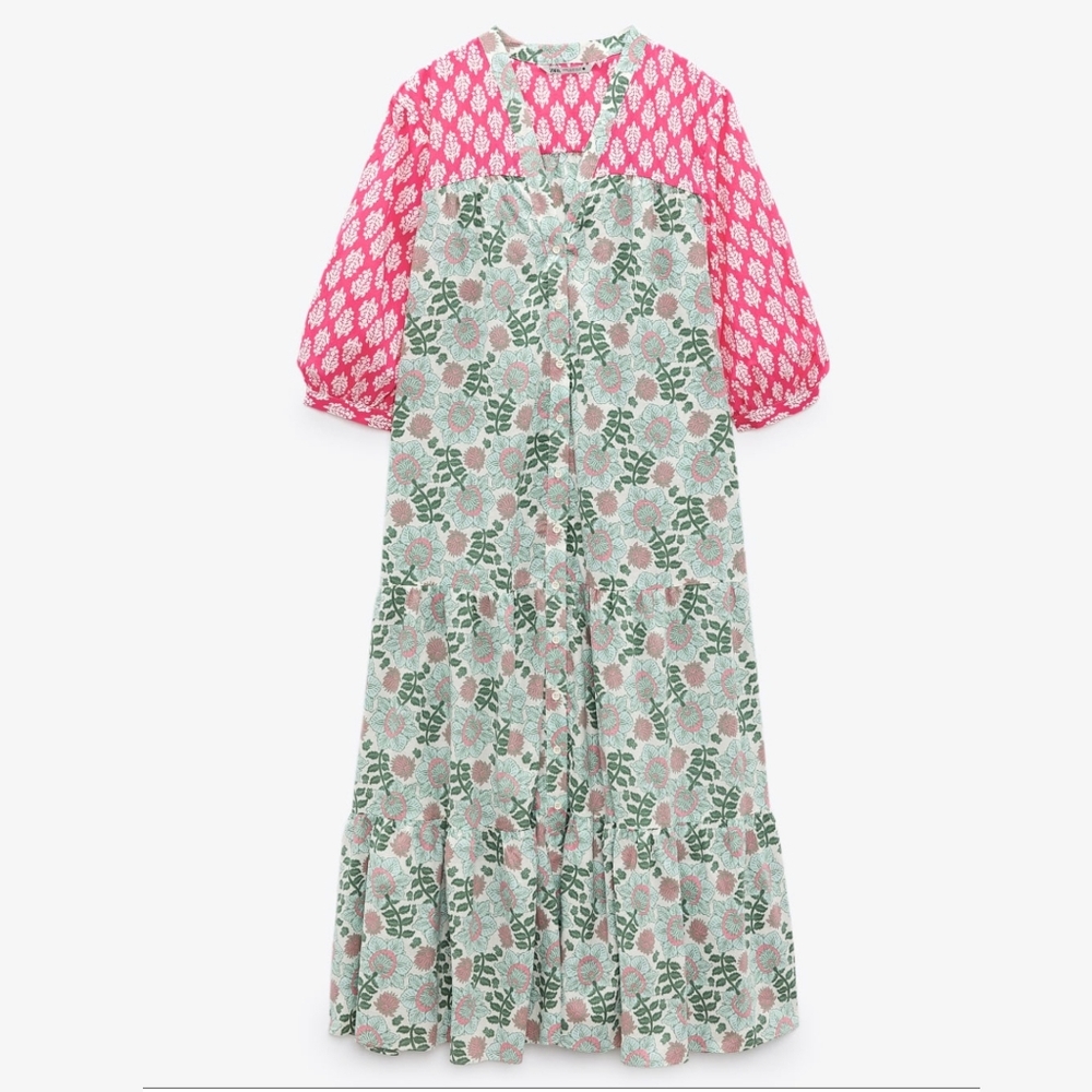 Zara PRINTED MIDI DRESS Ecru 0/3198/241/712/02